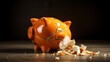 Broken piggy bank in finance background concept for economic recession, depression or bankruptcy, generative ai