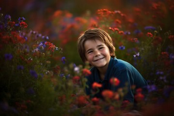 Wall Mural - boy in flower field looks happy created with Generative AI technology