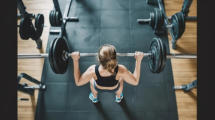 Wall Mural - Top view, Woman lifting barbell in gym. Generative AI