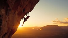 Rock Climber In The Evening A Young Man Of Caucasian Descent Ascends A Difficult Route On An Overhanging Cliff.The Generative AI