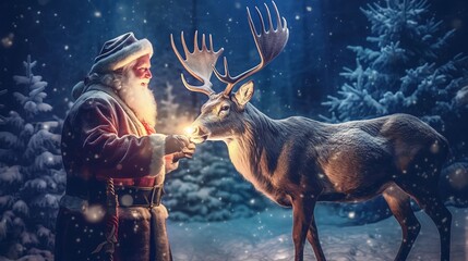 Wall Mural - deer animals with santa claus at Christmas forest full of magic, Generative AI