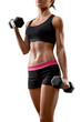 Young fitness woman in training pumping up muscles with dumbbells isolated transparent PNG