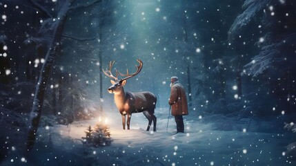 Wall Mural - deer animals with santa claus at Christmas forest full of magic, Generative AI