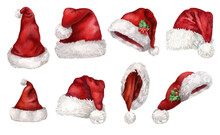 Watercolor Hand-drawn Santa Clause Hat Collection, Red Hats Isolated On White Background.