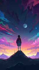 Wall Mural - an asian inspired anime girl standing alone under a pink sky, screen wallpaper, ai generated image