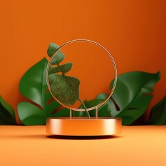 Poster - Rings on a table. Golden podium on orange background for product display. generative ai