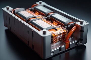 Brock of the batteries of a modern electric car. Generated by AI.