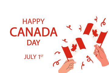 Wall Mural - Happy Canada day background with greeting typography. Hands holding Canadian flags with red maple leaf. Vector illustration isolated on white backdrop