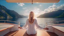Rear View Woman Relaxing On A Luxury Boat, Generative AI