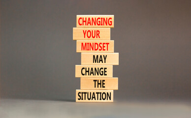Wall Mural - Changing mindset symbol. Concept words Changing your mindset may change the situation on wooden blocks on a beautiful grey table grey background. Business motivational Changing mindset concept.