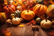 Thanksgiving - themed background with autumn leaves and pumpkins. ai generative
