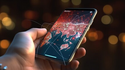hand holding mobile phone futuristic intelligence digital global online internet network communicati