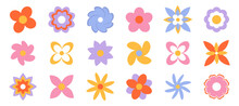 Colorful Groovy Retro Flower Daisy Set. Hippie Stickers. Modern Abstract Template. Vintage Decorative Design Element.