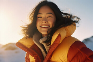 Wall Mural - Young happy asian woman portrait smiling outdoors with a puffer jacket