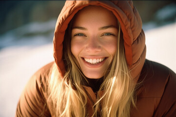 Wall Mural - Young happy person outdoors with a puffer jacket