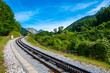 View of Schafberg train and railways. SCHAFBERGBAHN Cog Railway running from St. Wolfgang up the Schafberg, Austria.