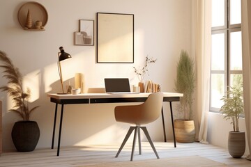 Wall Mural - Home office for workspace and relax mode by interior design with desk, armchair, pc and stylish personal accessories for contemporary style