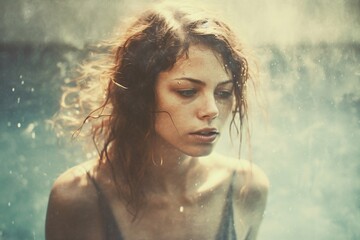 Wall Mural - slim young woman with wet hair surrounded by water vapor created with Generative AI technology