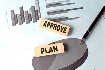 Poster - APPROVE PLAN text on wooden block on chart background