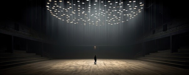 Poster - open space in a theater, featuring a grand stage illuminated by spotlights.