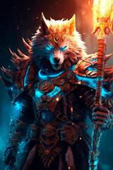 Wall Mural - Wolf character in armor holding a spear popul. Generative AI