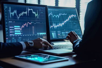 Poster - Businessman analyzing investment charts with laptop. Business and financial concept. Generative AI