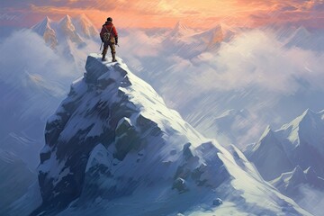 Wall Mural - Inspiring view as a man stands triumphantly atop of a snow covered mountain