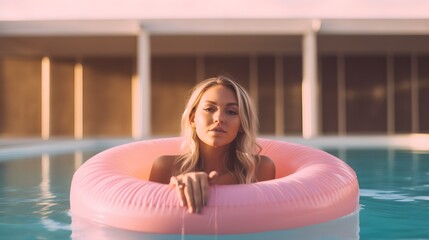 Handsome woman in bikini relaxing in colorful pink rubber ring in the swimming pool, having fun, bright sunlight, hotel vacation resort and relax concept, trendy, modern, AI Generated.