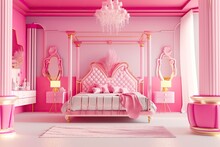 Doll Like Room. Big Comfortable Royal Bed With Pillows In Luxury Bedroom Interior. Female Bedroom In Pink And White Colors. Romantic Style. Generative Ai