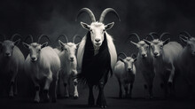 Leadership, Alpha Goat Leading On A Field With White Goats In The Back. Generative Ai