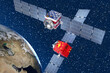 Satellites of the USA and China in the outer space with part of the Earth as background. Illustration of the concept of US-China competition in space technology