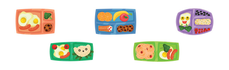 Wall Mural - Meal Tray for Kids with Fresh Appetizing Food in Different Section Above View Vector Set