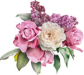 Wall Mural - Roses and lilac isolated on a transparent background. Png file.  Floral arrangement, bouquet of garden flowers. Can be used for invitations, greeting, wedding card.