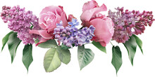 Roses And Lilac Isolated On A Transparent Background. Png File.  Floral Line Arrangement, Bouquet Of Garden Flowers. Can Be Used For Invitations, Greeting, Wedding Card.