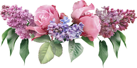 Wall Mural - Roses and lilac isolated on a transparent background. Png file.  Floral line arrangement, bouquet of garden flowers. Can be used for invitations, greeting, wedding card.