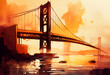 Golden Gate bridge in New York, watercolor artwork. AI generative content.