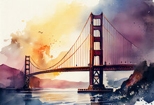 Golden Gate Bridge In New York, Watercolor Artwork. AI Generative Content.