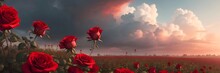 Illustration, Landscape Of A Field Filled With Roses, AI Generative
