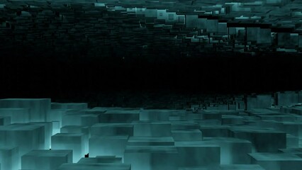 Poster - Flying inside horizontal endless dark tunnel with mirror reflection effect. Design. Geometric corridor of cubic shapes.