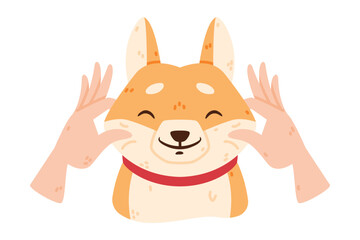 Sticker - Akita Inu Dog Smiling and Human Hand Touch Cheeks Vector Illustration