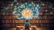 Mały chłopczyk w bibliotece podczas czytania książki przenosi się do innego świata magii