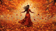 Digital Illustration Of A Female Character In A Majestic Fall Scenery. Created Using Ai Generative. 
