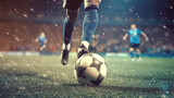 Fototapeta Sport - Soccer football ball kick at stadium training or game. Generative AI