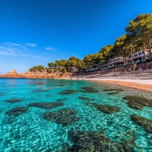 Idyllic Beach With Transparent And Turquoise Waters In The Mediterranean. Ibiza