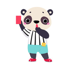 Poster - Funny Panda Animal Character Referee Showing Red Card and Whistle Vector Illustration