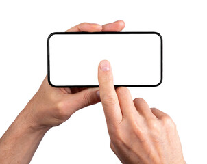 Poster - Hand holding smartphone, clicking on blank screen mockup, tapping in center of mobile phone display for playing video, isolated on white background