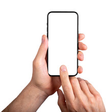 Hand Holding Mobile Phone, Finger Clicking On Blank Screen Mock-up, Tapping Ok On Display, Isolated On White Background