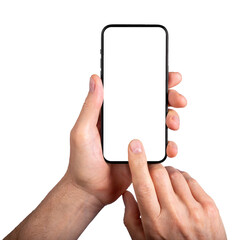 Hand holding mobile phone, finger clicking on blank screen mock-up, tapping ok on display, isolated on white background