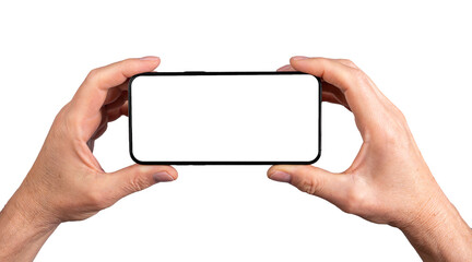 Poster - Two hands holding smartphone, blank screen mockup frame, isolated on white background