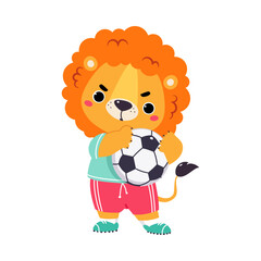 Poster - Funny Lion Animal Character Playing Football Wearing Uniform Passing Ball Vector Illustration